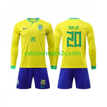 Brasile Vinicius Junior 20 Bambino Maglia Prima World Cup 2022 Manica Lunga (+ Pantaloncini)